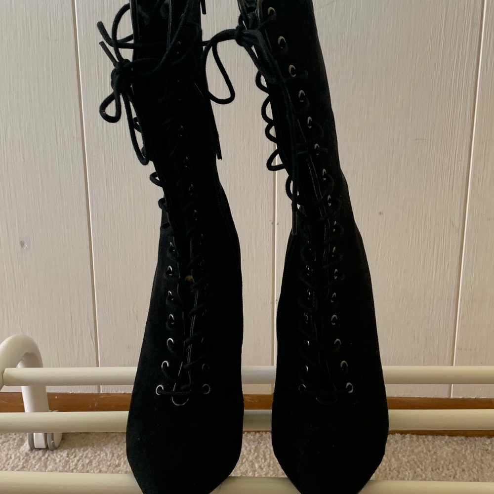 high knee black lace up boots